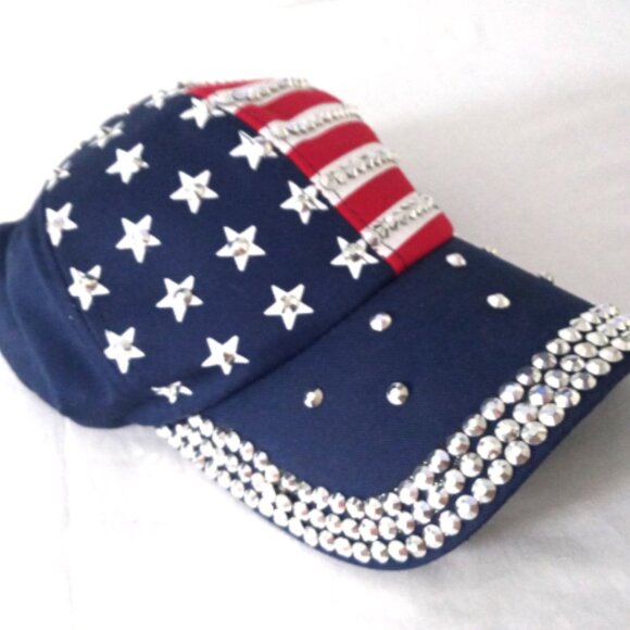 Women’s USA Patriotic Baseball Cap Hat Stars & Stripes Rhinestones Adjustable - Picture 1 of 8